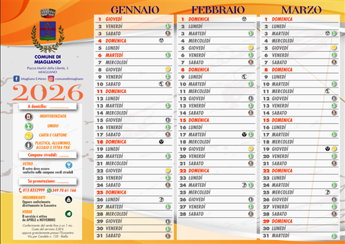 Consegna calendario raccolta differenziata: primo semestre 2026